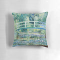 Monet's Water Lilies and Japanese Bridge oil painting reproduced on a decorative throw pillow.