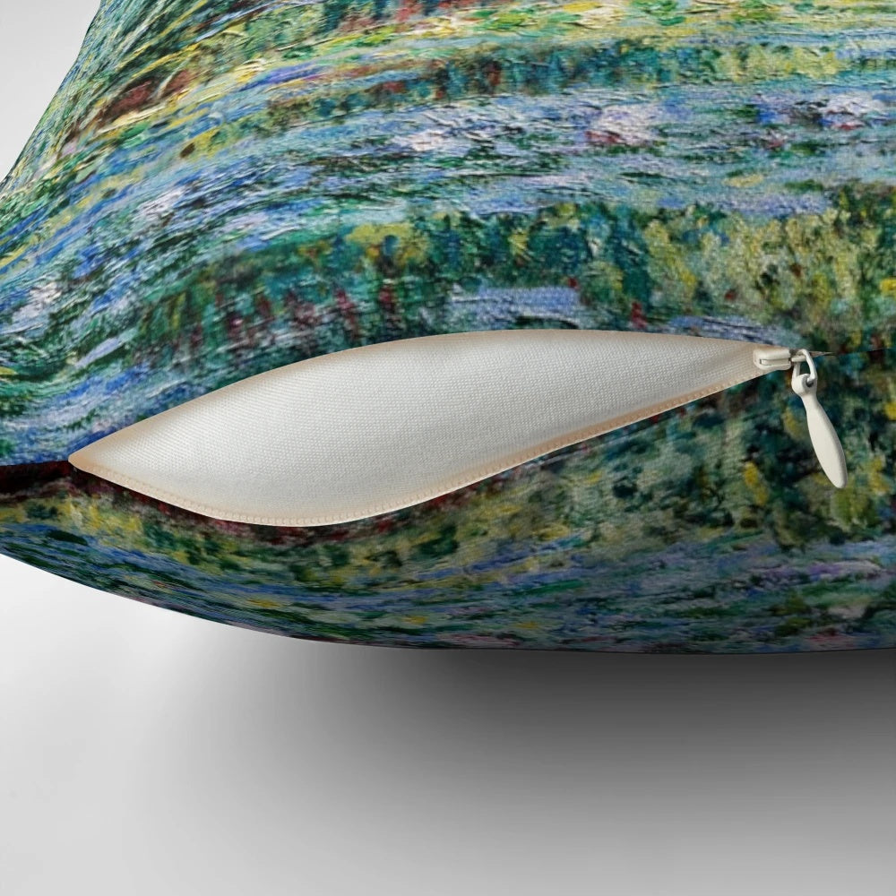 Monet's Water Lilies and Japanese Bridge oil painting reproduced on a decorative throw pillow.