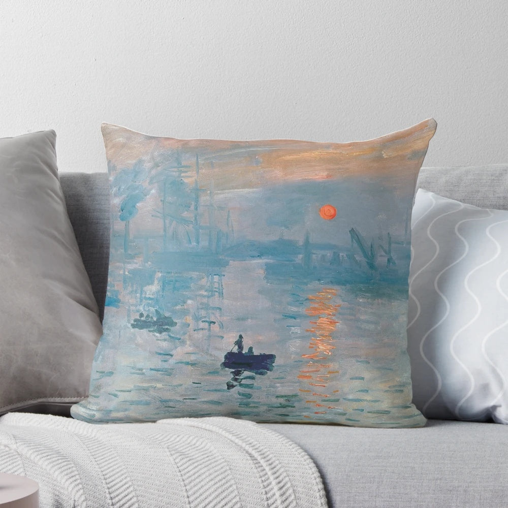 Pillow featuring Claude Monet's Impression, Sunrise (1872) impressionist painting
