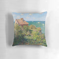 Impressionist art pillow featuring Claude Monet's painting "Fisherman's Cottage at Varengeville