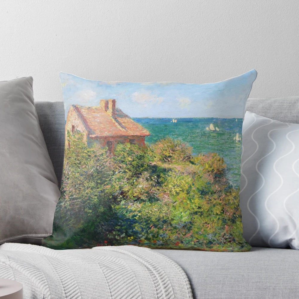Impressionist art pillow featuring Claude Monet's painting "Fisherman's Cottage at Varengeville