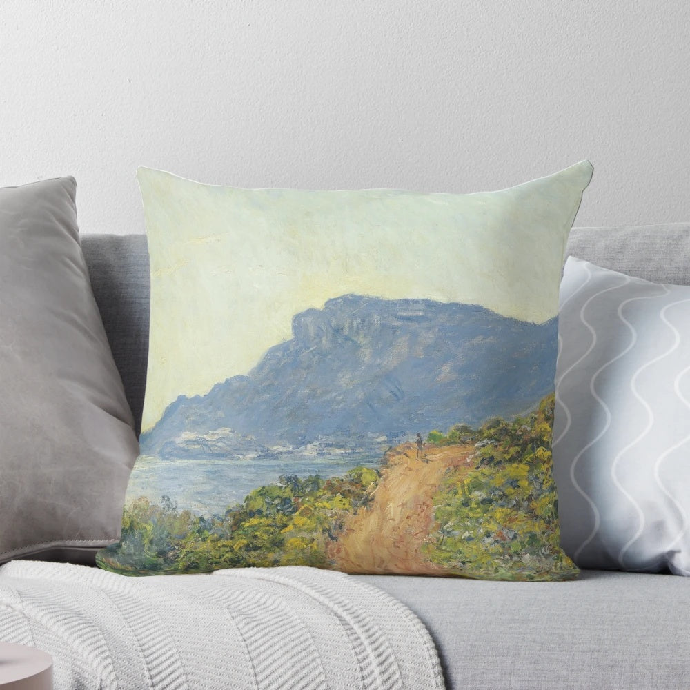 Decorative throw pillow featuring Claude Monet's impressionist painting 'La Corniche near Monaco
