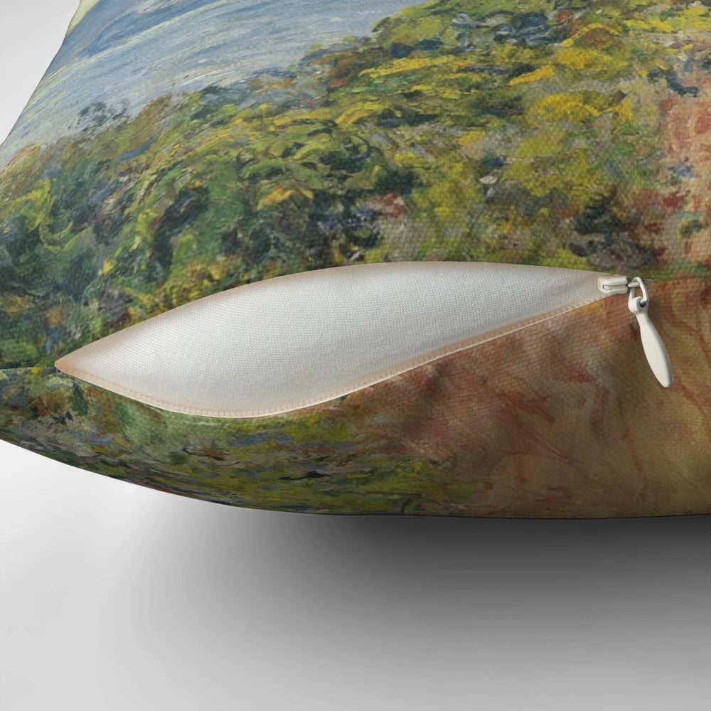 Decorative throw pillow featuring Claude Monet's impressionist painting 'La Corniche near Monaco