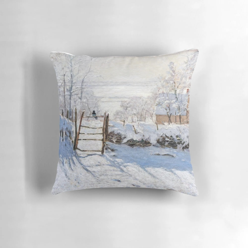 Decorative throw pillow featuring the classic Impressionist painting 'The Magpie' by Claude Monet.