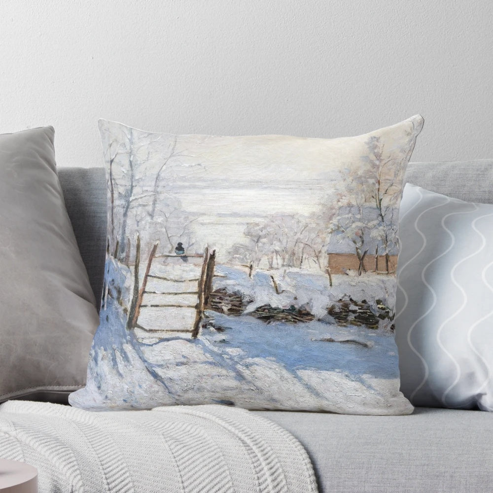Decorative throw pillow featuring the classic Impressionist painting 'The Magpie' by Claude Monet.