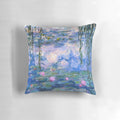 Decorative throw pillow featuring a vibrant Monet-style painting of water lilies on a lake.