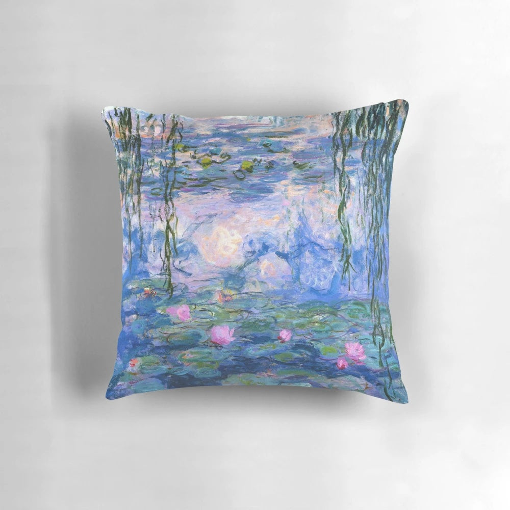 Decorative throw pillow featuring a vibrant Monet-style painting of water lilies on a lake.