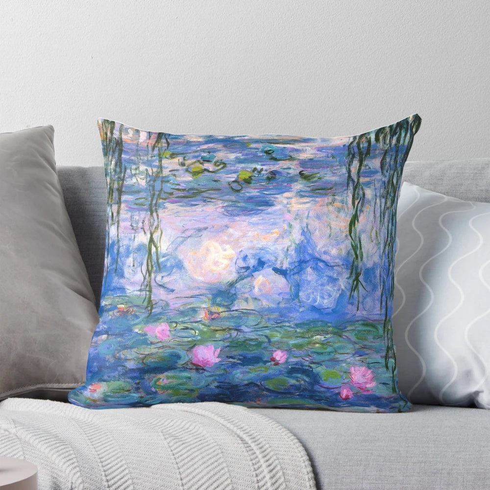 Decorative throw pillow featuring a vibrant Monet-style painting of water lilies on a lake.