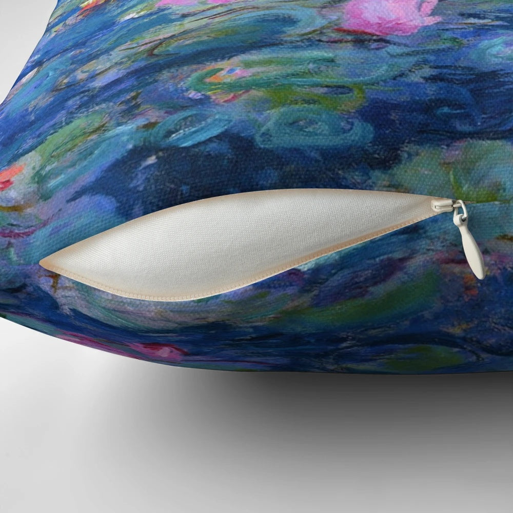 Decorative throw pillow featuring a vibrant Monet-style painting of water lilies on a lake.