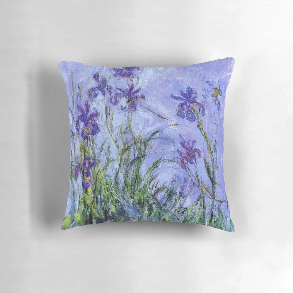 Vintage-style pillow featuring Claude Monet's Impressionist painting of lilac irises