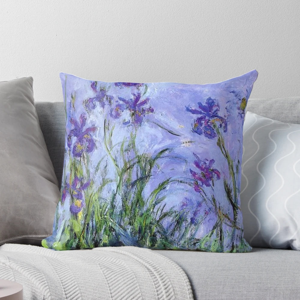 Vintage-style pillow featuring Claude Monet's Impressionist painting of lilac irises