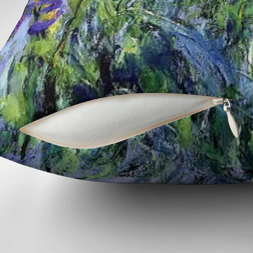 Vintage-style pillow featuring Claude Monet's Impressionist painting of lilac irises
