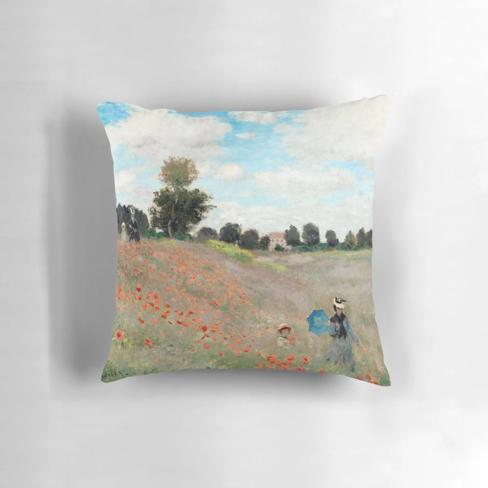 Vintage-inspired pillow with impressionist painting of a poppy field by Claude Monet