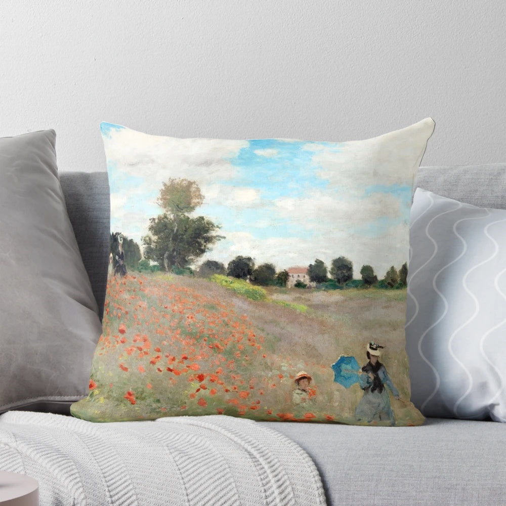 Vintage-inspired pillow with impressionist painting of a poppy field by Claude Monet