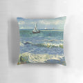Vincent Van Gogh inspired seascape painting pillow featuring an impressionist style ocean scene with sailing boats