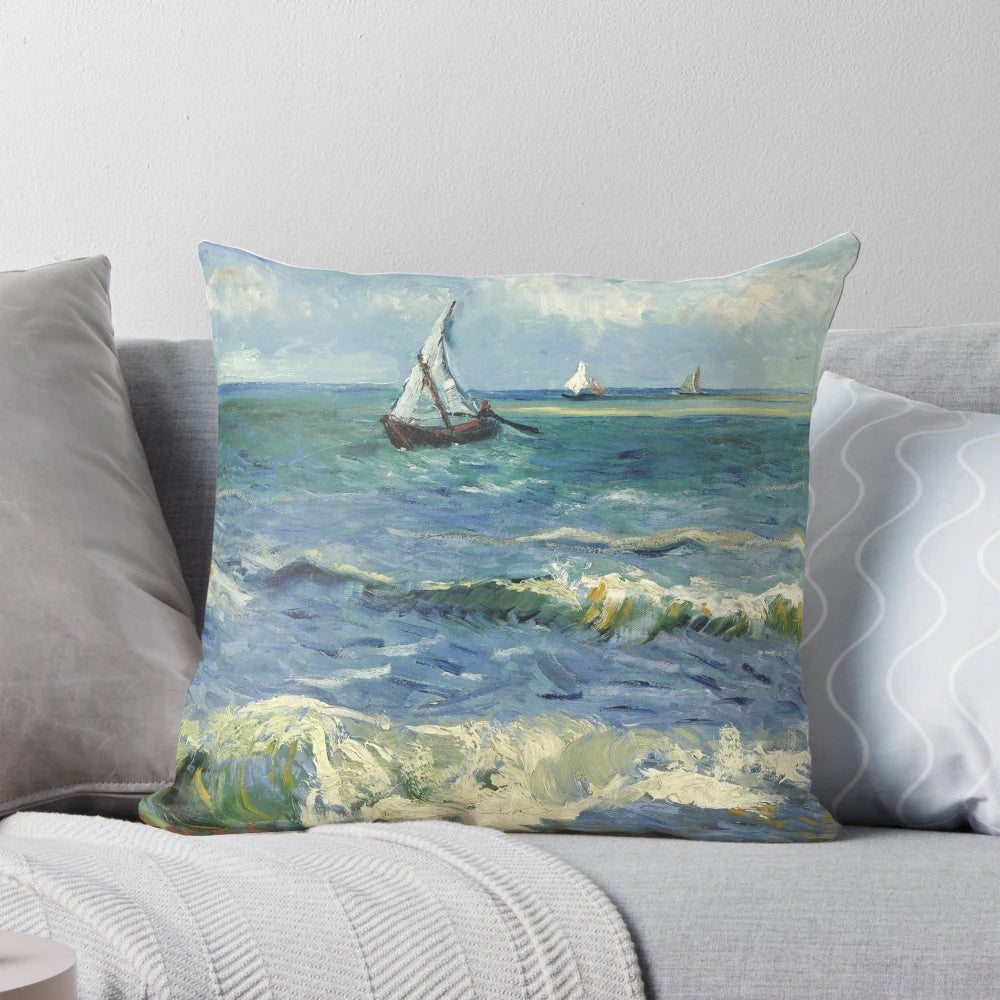 Vincent Van Gogh inspired seascape painting pillow featuring an impressionist style ocean scene with sailing boats
