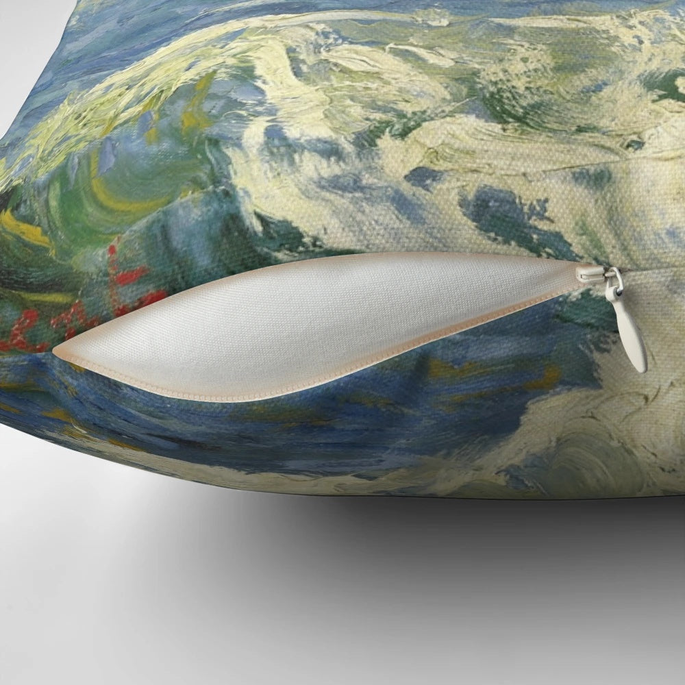 Vincent Van Gogh inspired seascape painting pillow featuring an impressionist style ocean scene with sailing boats