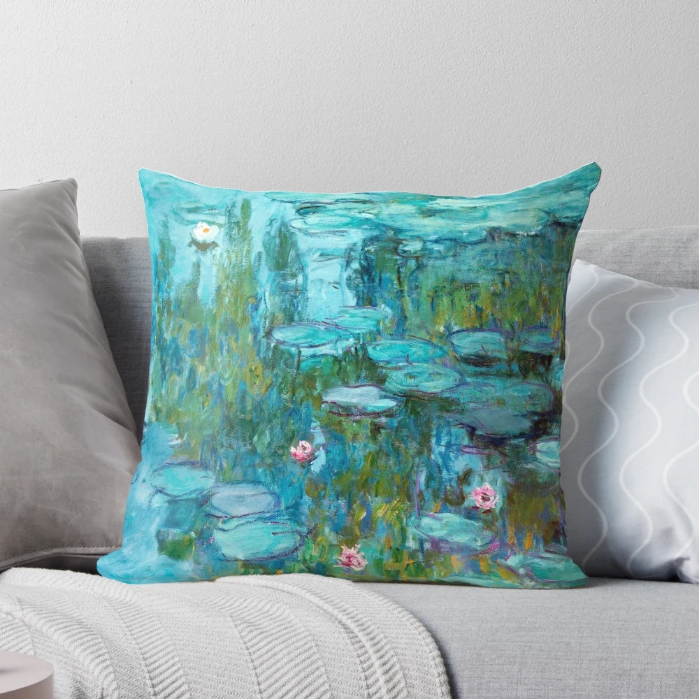 Vibrant throw pillow featuring Claude Monet's iconic water lilies painting 'Nympheas