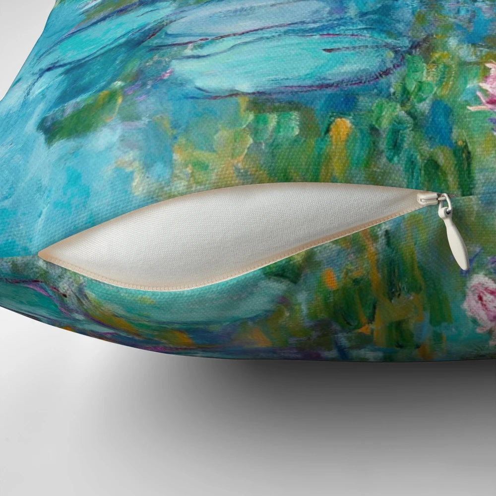Vibrant throw pillow featuring Claude Monet's iconic water lilies painting 'Nympheas