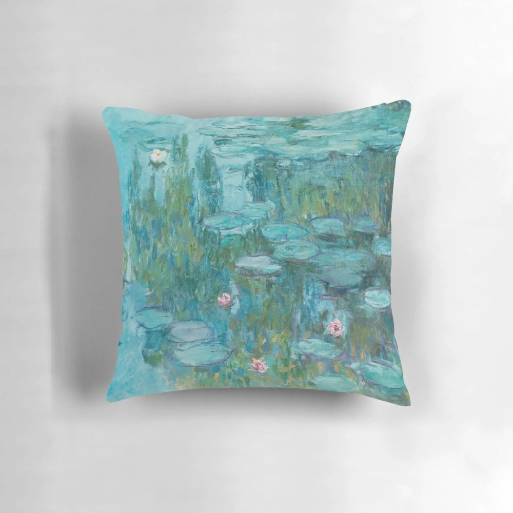 Decorative throw pillow featuring Claude Monet's famous 1915 Impressionist painting "Water Lilies"