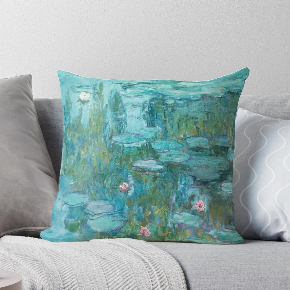 Decorative throw pillow featuring Claude Monet's famous 1915 Impressionist painting "Water Lilies"