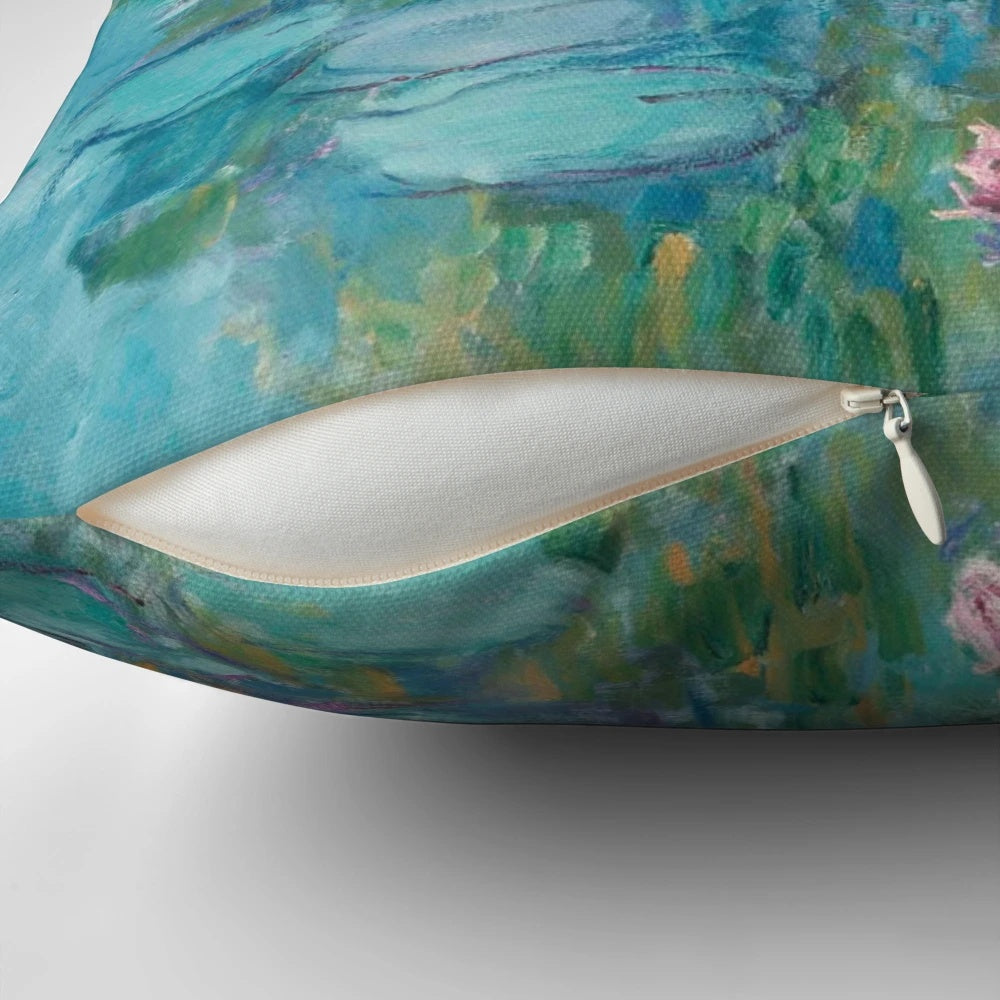Decorative throw pillow featuring Claude Monet's famous 1915 Impressionist painting "Water Lilies"