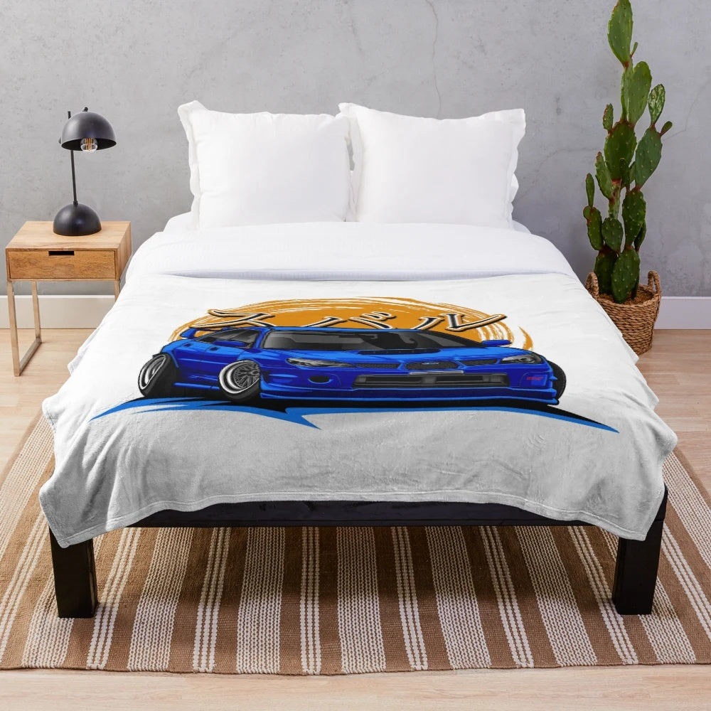 Impreza inspired plush blanket featuring blue sports car design