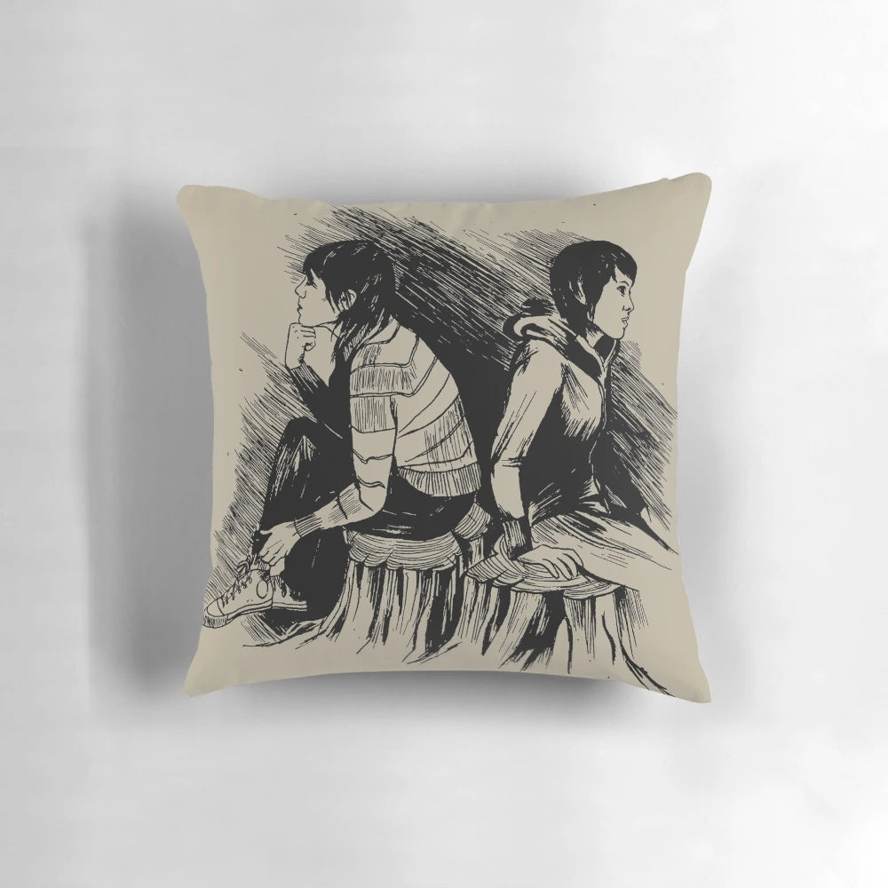 Tegan and Sara "The Con" sketch design printed on a plush, comfortable pillow