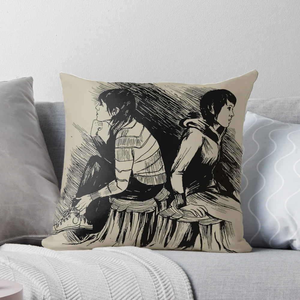 Tegan and Sara "The Con" sketch design printed on a plush, comfortable pillow