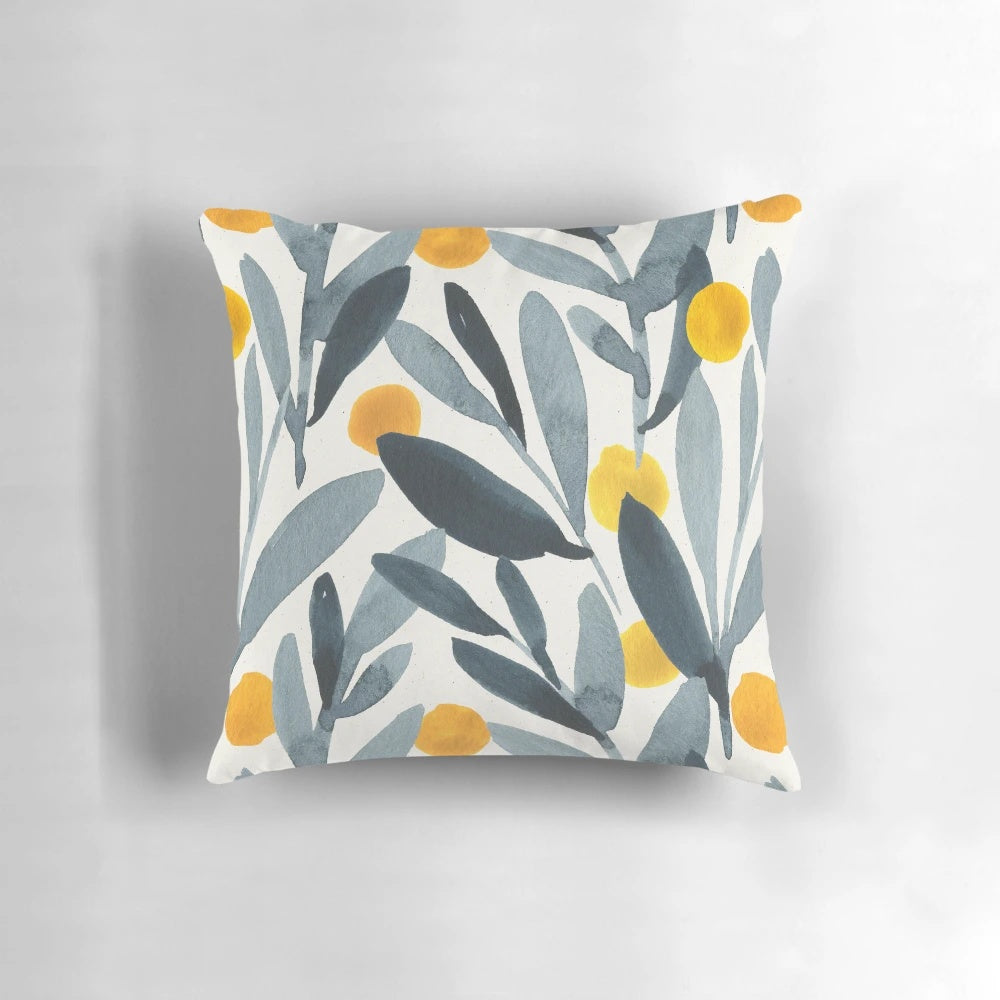 Indigo and mustard colored floral botanical illustration pillow