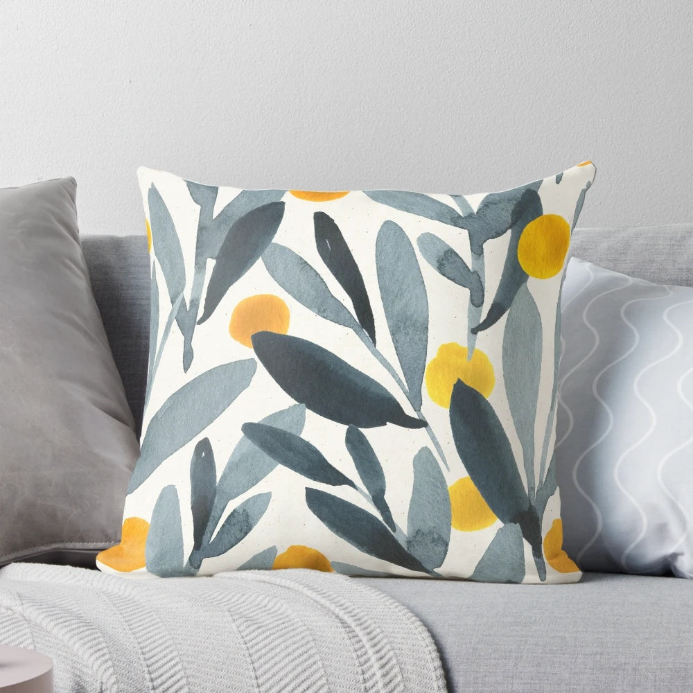 Indigo and mustard colored floral botanical illustration pillow