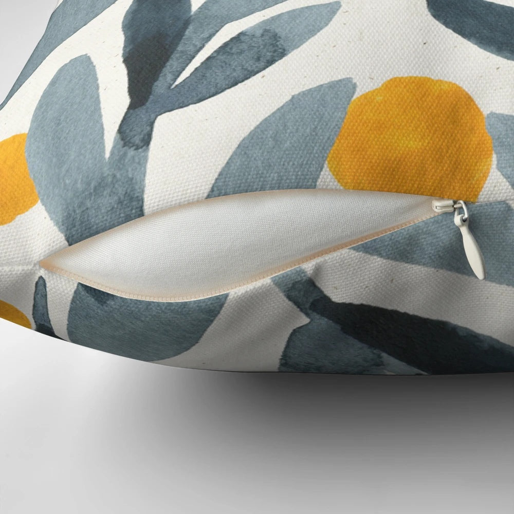 Indigo and mustard colored floral botanical illustration pillow