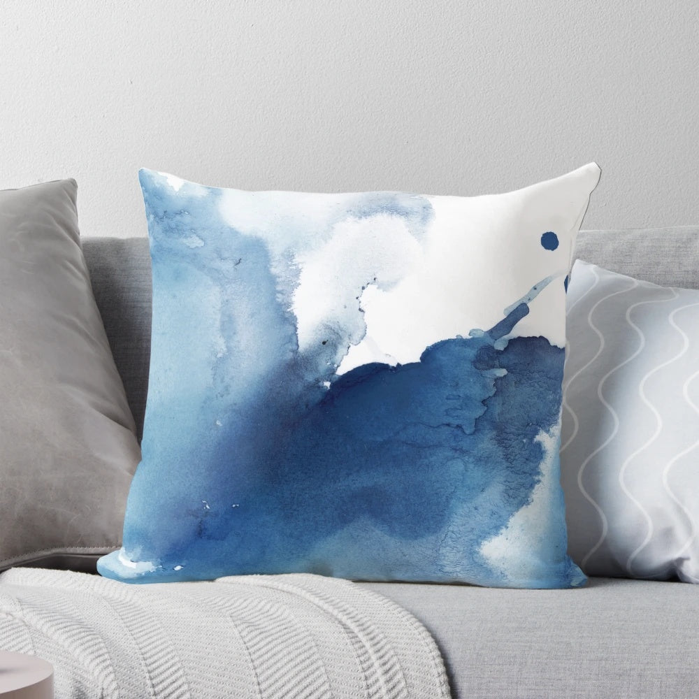Indigo blue abstract ink painting decorative throw pillow