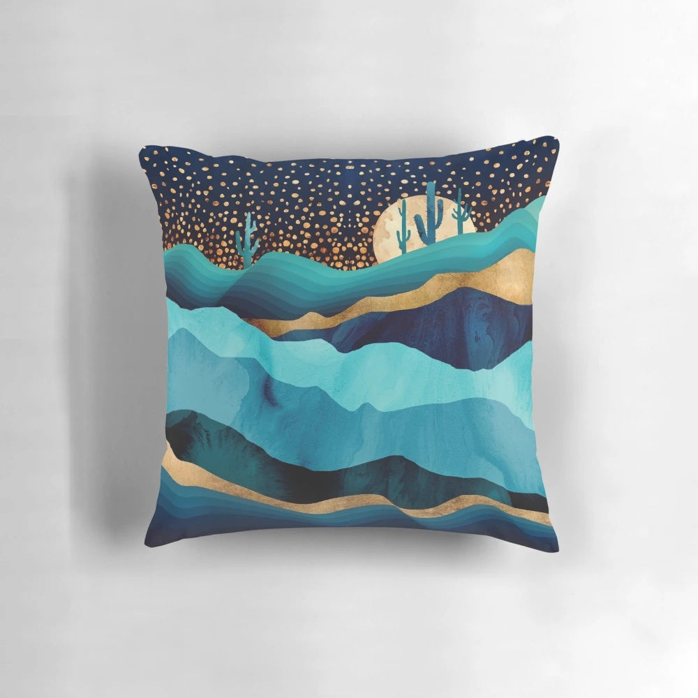 Indigo Desert Night Pillow - Captivating contemporary landscape art featuring a night sky with a crescent moon, stars, and mountains against an indigo background.