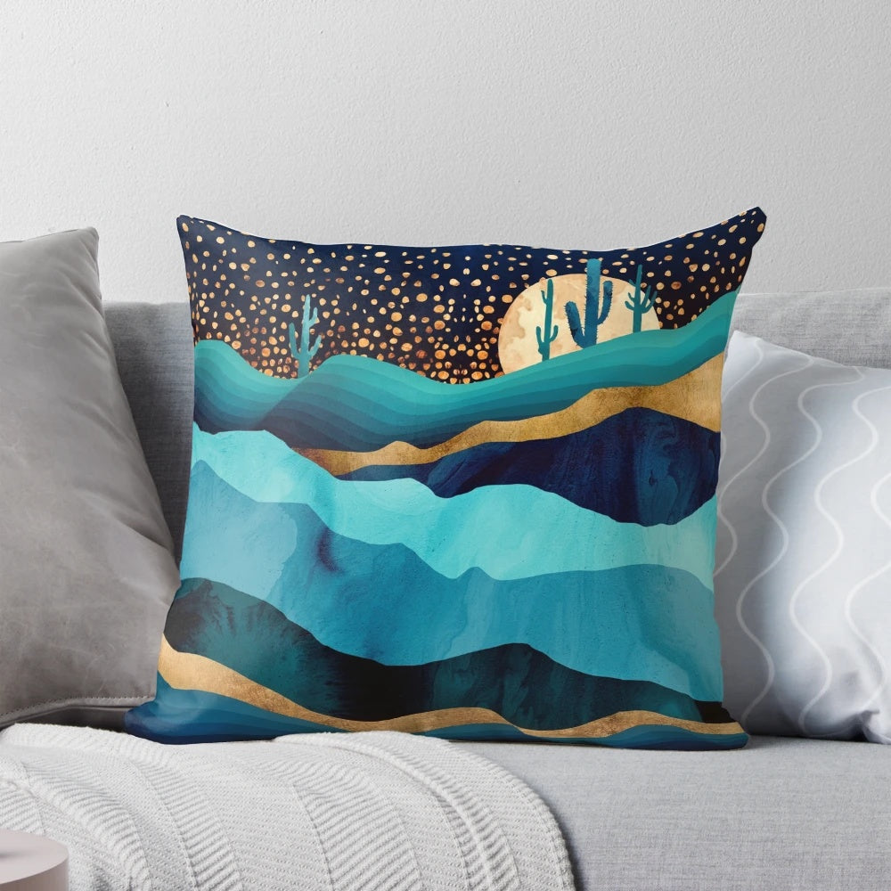 Indigo Desert Night Pillow - Captivating contemporary landscape art featuring a night sky with a crescent moon, stars, and mountains against an indigo background.