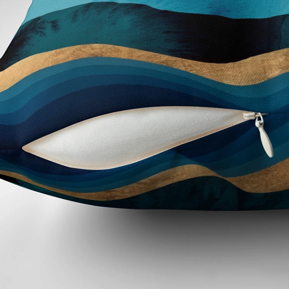 Indigo Desert Night Pillow - Captivating contemporary landscape art featuring a night sky with a crescent moon, stars, and mountains against an indigo background.