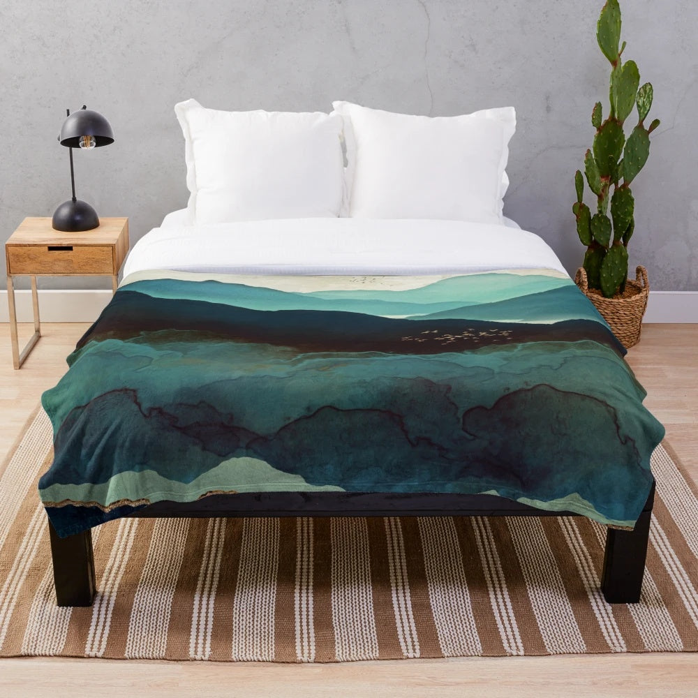 Indigo Mountains Plush Blanket featuring a nature-inspired abstract landscape design