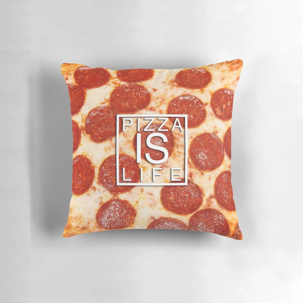 An all-over print pillow featuring a vibrant and appetizing pizza design.