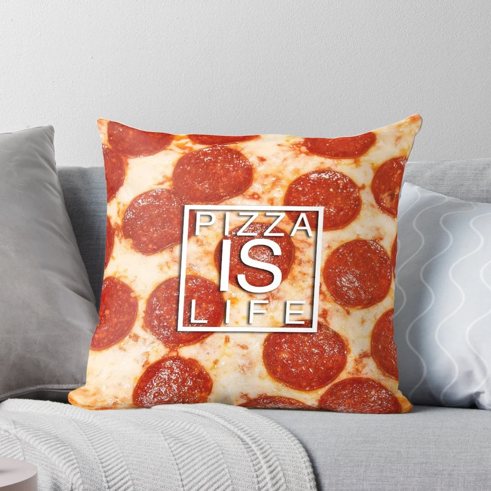 An all-over print pillow featuring a vibrant and appetizing pizza design.