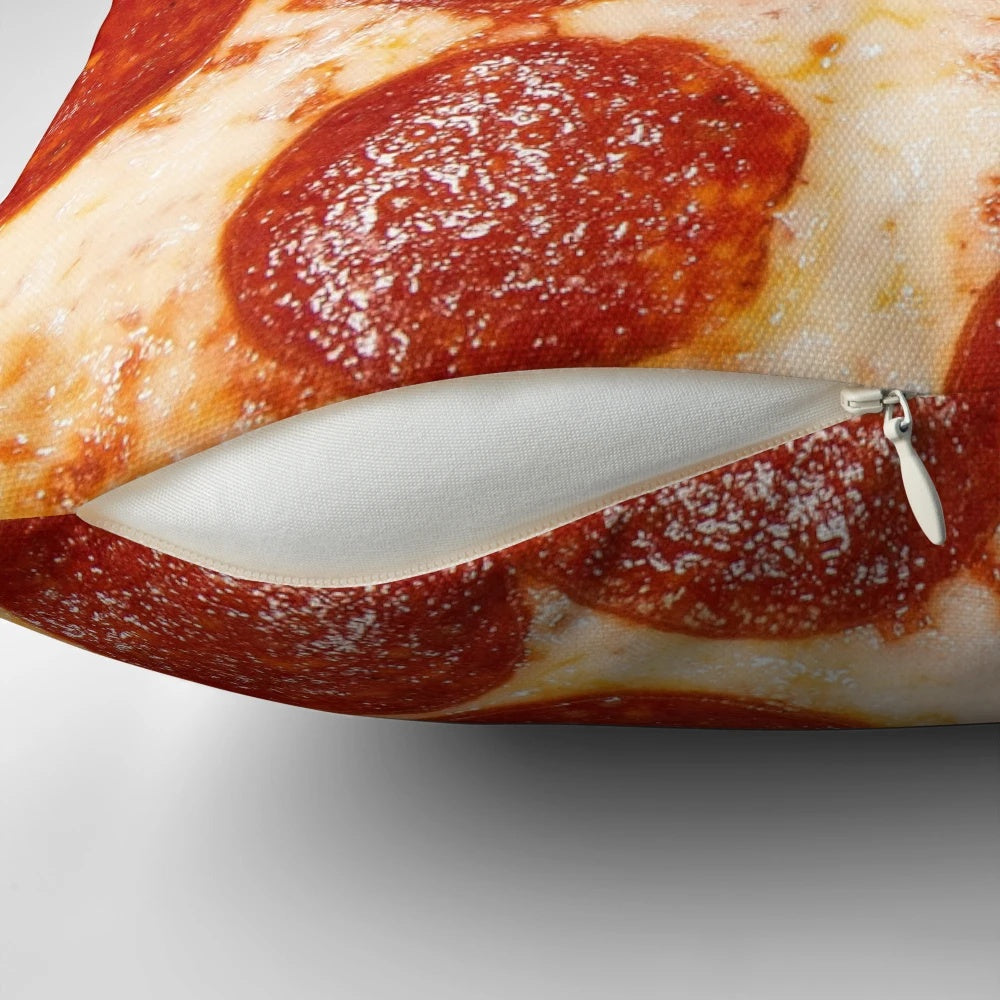 An all-over print pillow featuring a vibrant and appetizing pizza design.