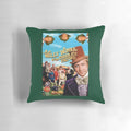 A plush, decorative pillow featuring the iconic golden ticket from Willy Wonka's Chocolate Factory