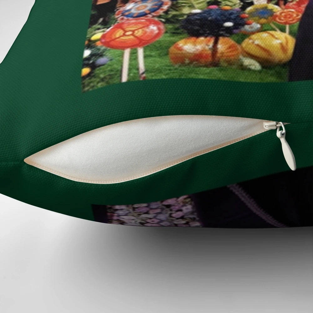 A plush, decorative pillow featuring the iconic golden ticket from Willy Wonka's Chocolate Factory