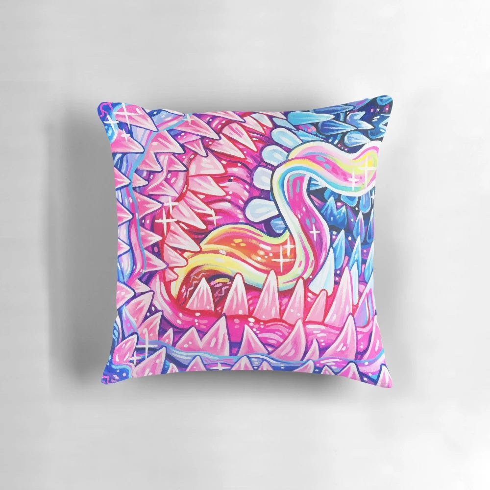 Colorful and surreal infinite pillow with teeth, tongues, and strange animal features.