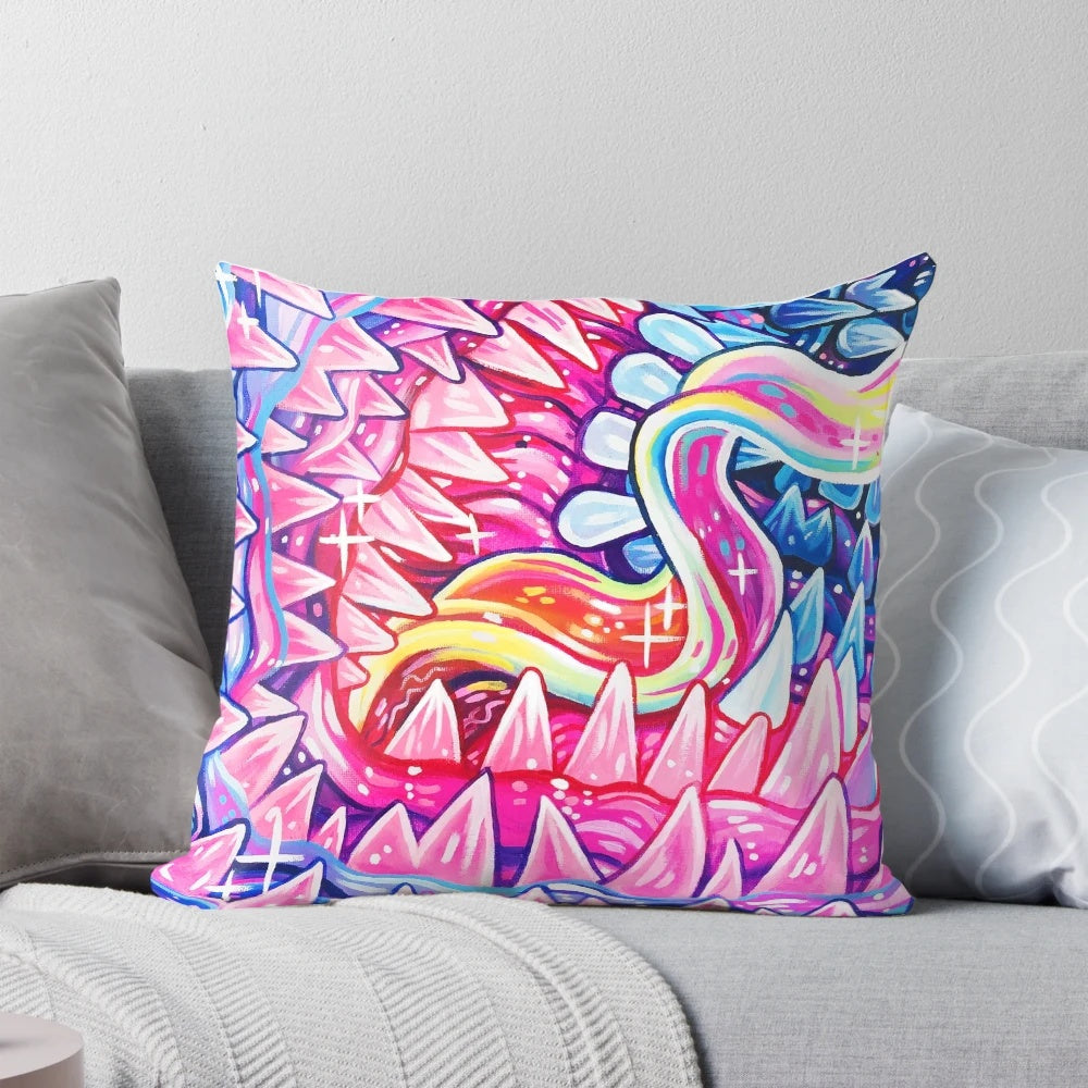 Colorful and surreal infinite pillow with teeth, tongues, and strange animal features.