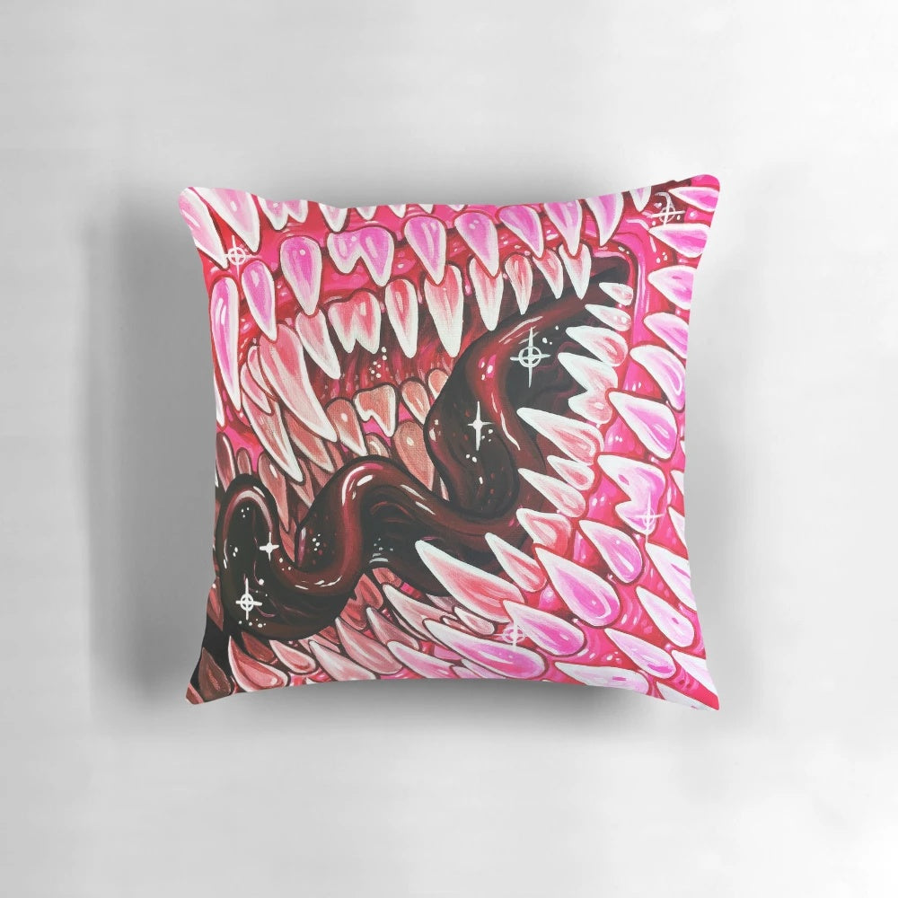 Infinite Red Pillow with Uncanny Mouth and Tongue Design