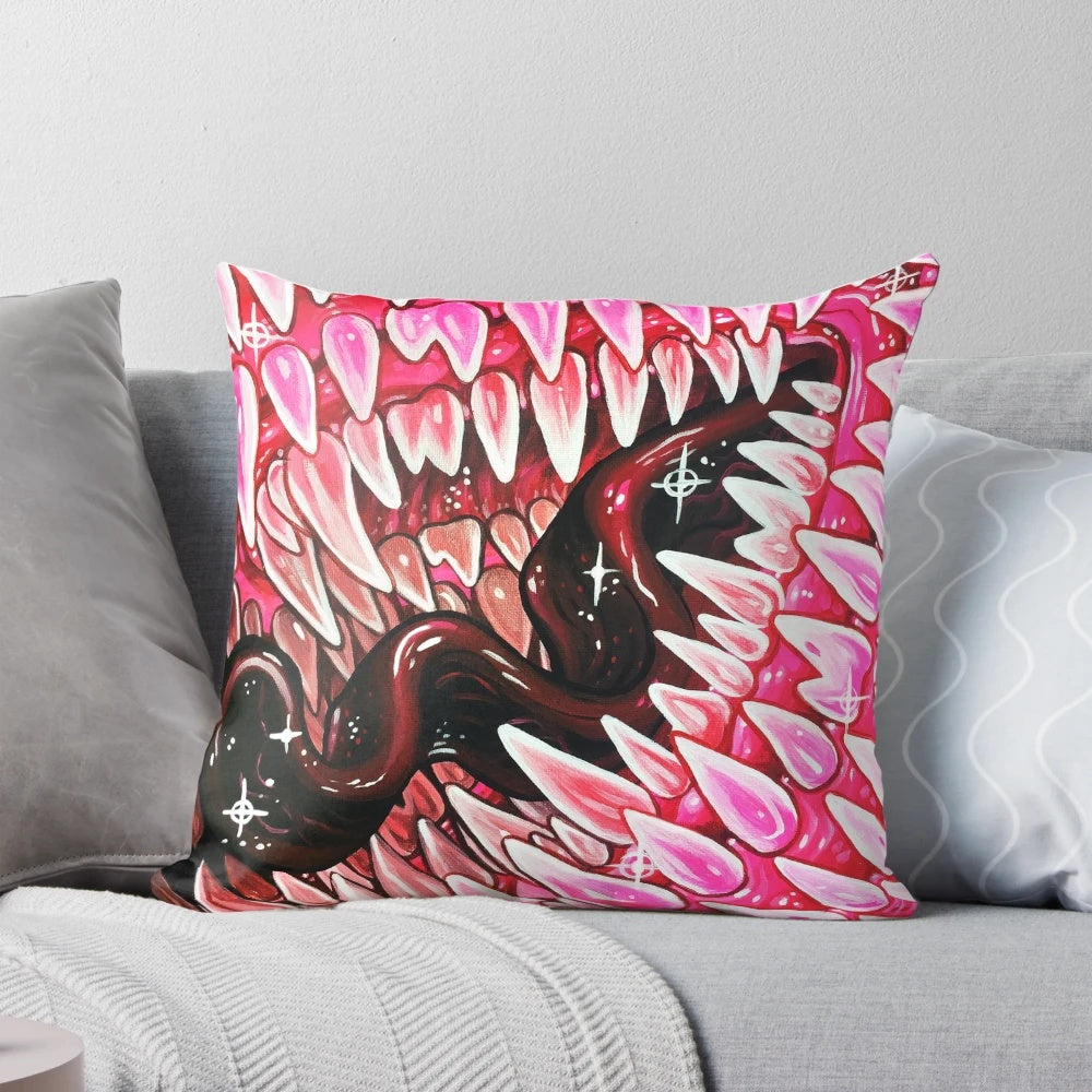 Infinite Red Pillow with Uncanny Mouth and Tongue Design