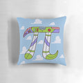 Plush blue pillow with the infinity symbol and mathematical pi symbol, representing the theme of infinity and science.