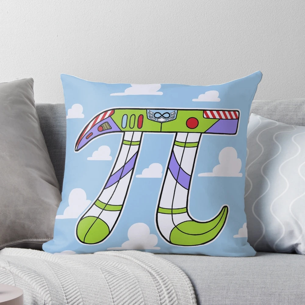 Plush blue pillow with the infinity symbol and mathematical pi symbol, representing the theme of infinity and science.