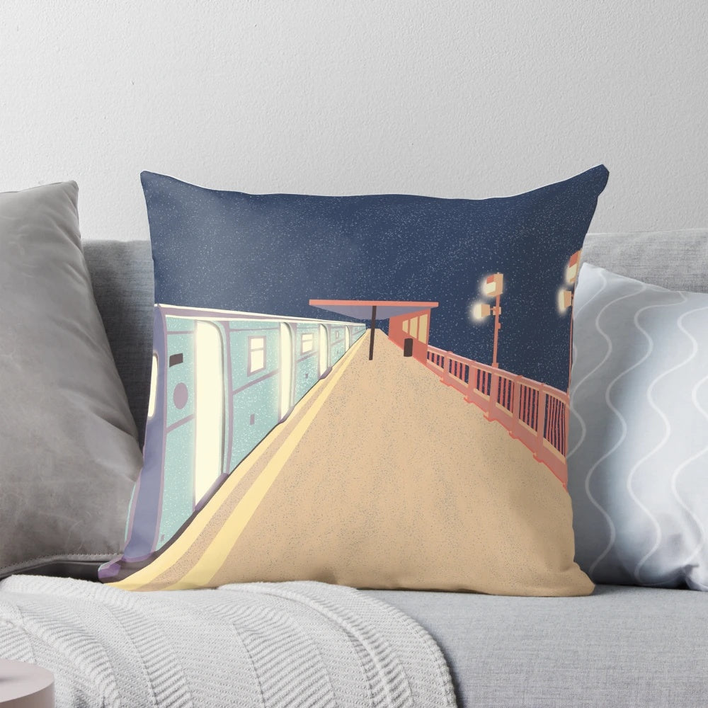 Infinity Pillow featuring a detailed night sky design with stars, planets, and city lights