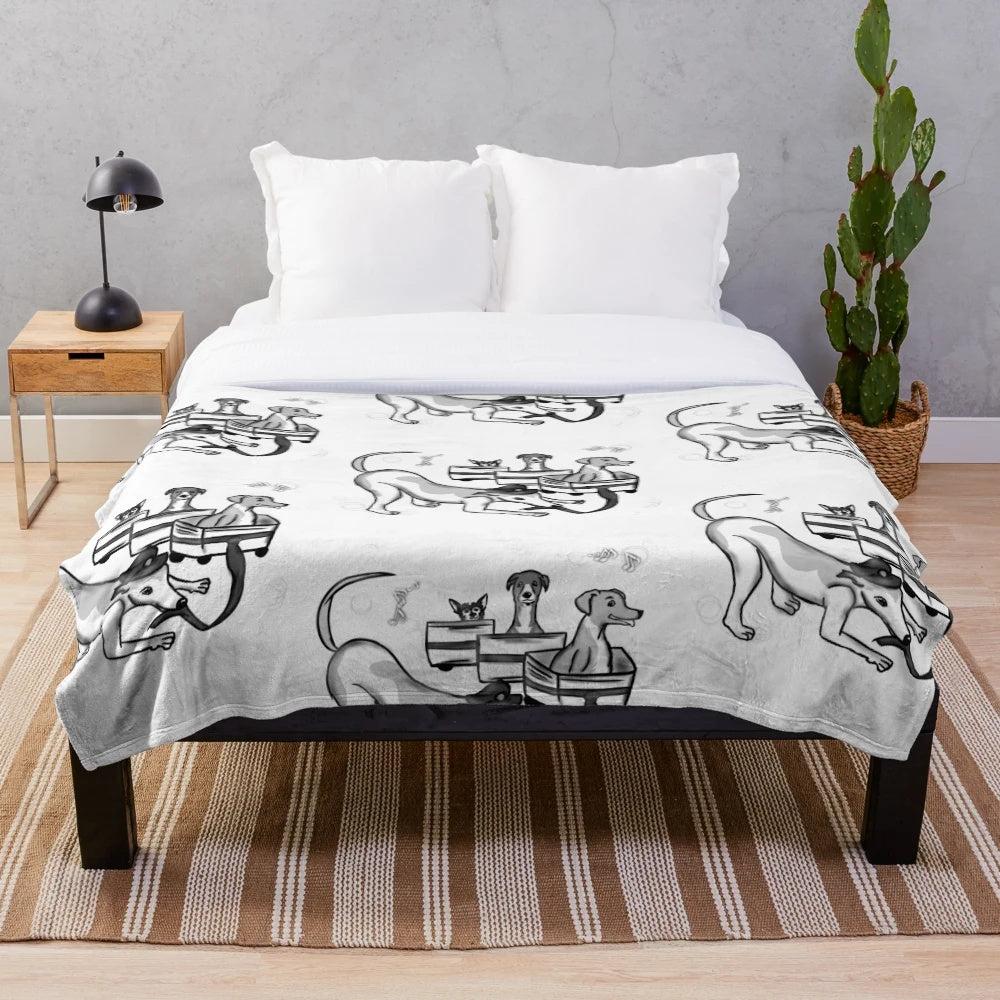 Inktober-themed black and white plush blanket featuring a dog or puppy design